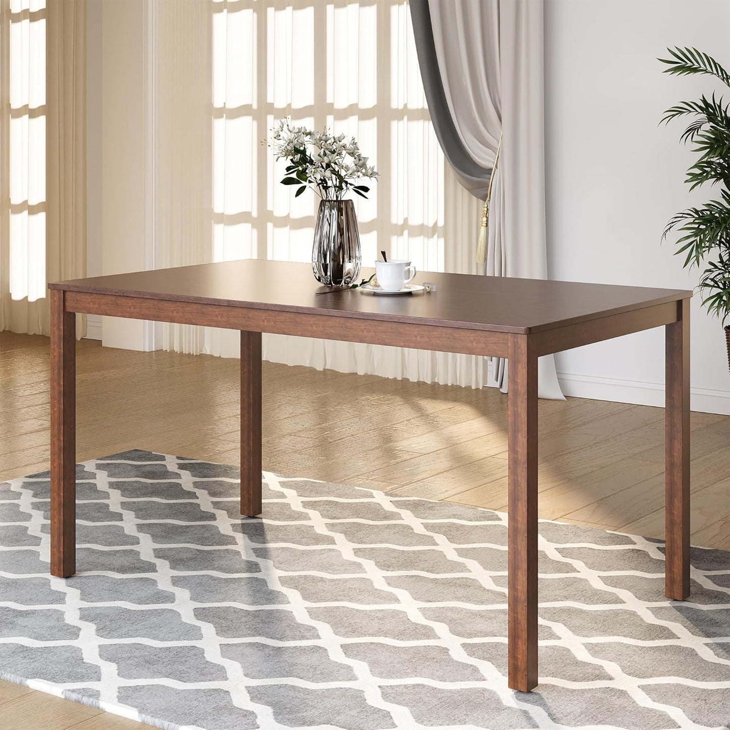 Dining Table Set for 6, Solid Wood Set, Farmhouse Rectangular Kitchen Table and 6 Chairs, 7-Piece Dinette Table Set for Dining Room, Living Room, Home Office, Terrace, Courtyard, Brown