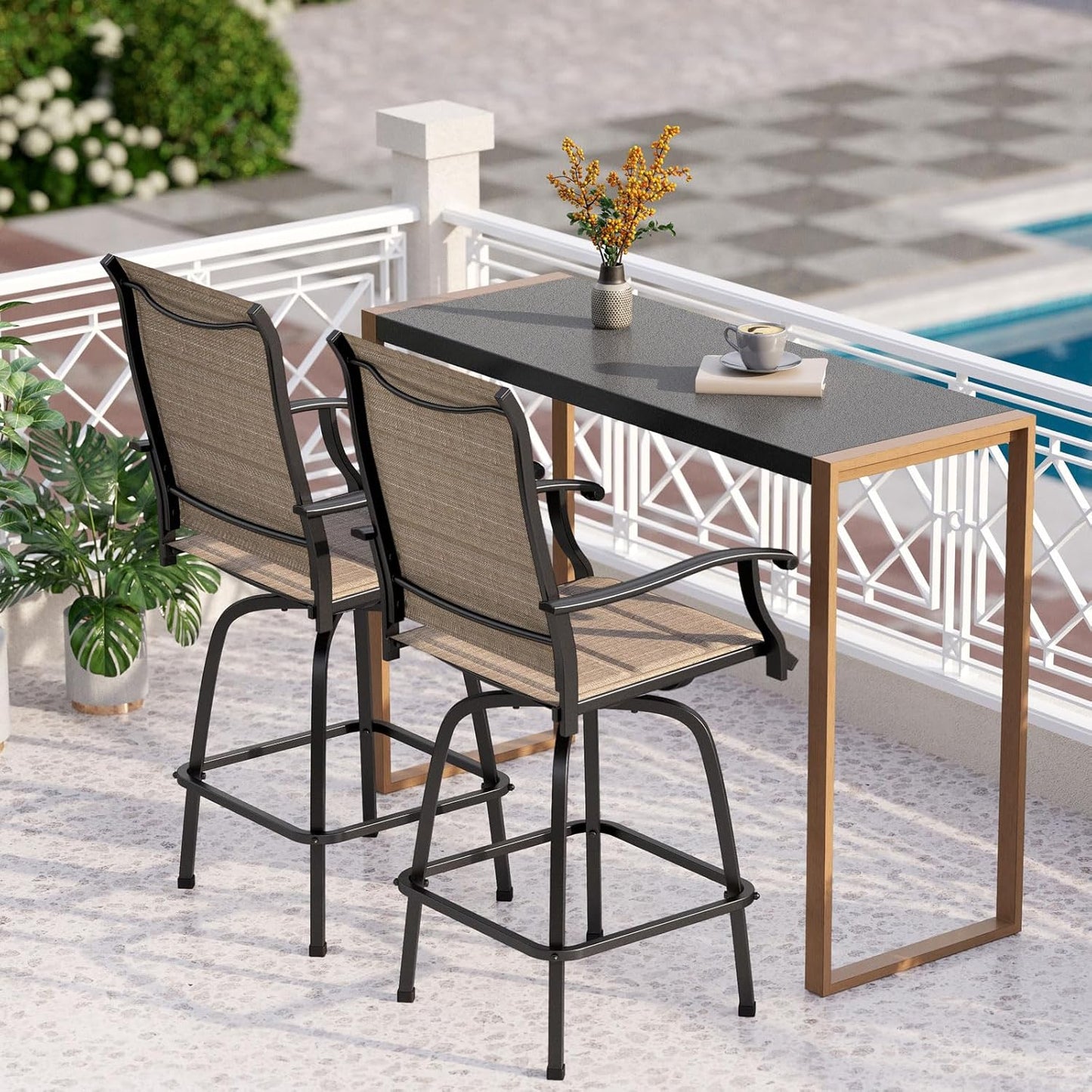 PHI VILLA 7 Piece High Patio Bar Dining Set, Bar Height Outdoor Table and Chairs Patio Furniture Set with 6 Patio Swivel Bar Stools & 40" Table for Garden, Yard and Terrace
