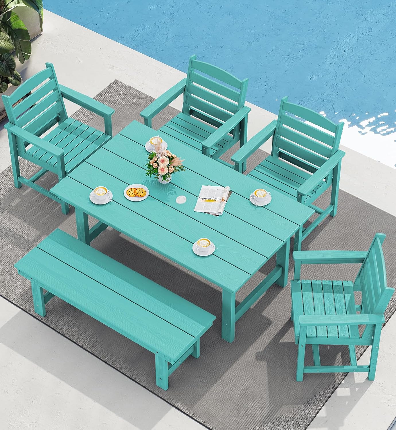 SERWALL 7-Piece Patio Dining Table Sets, Outdoor HDPE Dining Furniture Set with Umbrella Hole Cut-Out Table and 6 Chairs, White