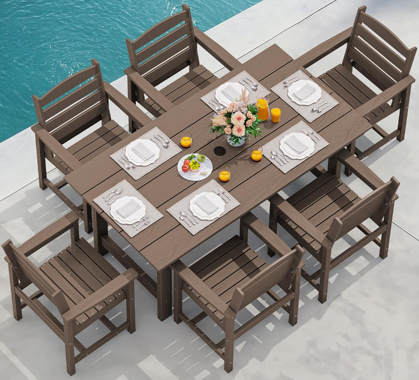 SERWALL 7-Piece Patio Dining Table Sets, Outdoor HDPE Dining Furniture Set with Umbrella Hole Cut-Out Table and 6 Chairs, White