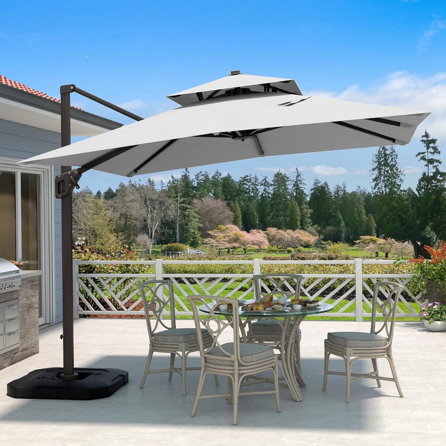 10 X 13 FT Cantilever Patio Umbrella with Base Included Outdoor Heavy Duty Double Top Windproof Rectangle Offset Umbrellas with 360-degree Rotation for Pool Deck Backyard, Beige