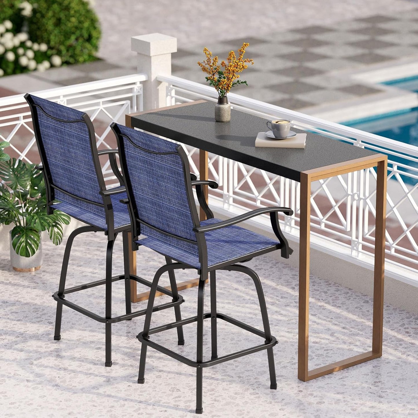 PHI VILLA 7 Piece High Patio Bar Dining Set, Bar Height Outdoor Table and Chairs Patio Furniture Set with 6 Patio Swivel Bar Stools & 40" Table for Garden, Yard and Terrace