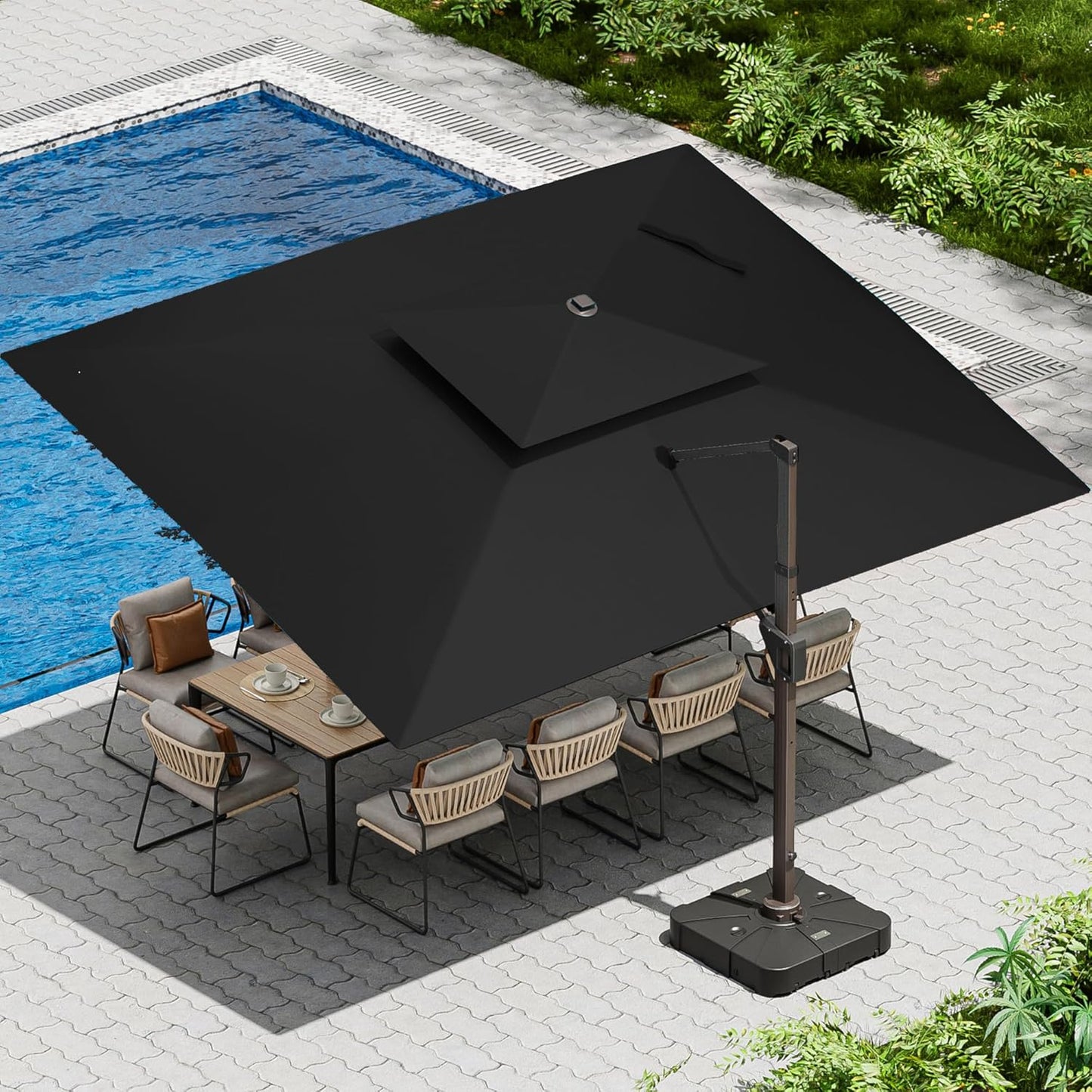 10 X 13 FT Cantilever Patio Umbrella with Base Included Outdoor Heavy Duty Double Top Windproof Rectangle Offset Umbrellas with 360-degree Rotation for Pool Deck Backyard, Beige
