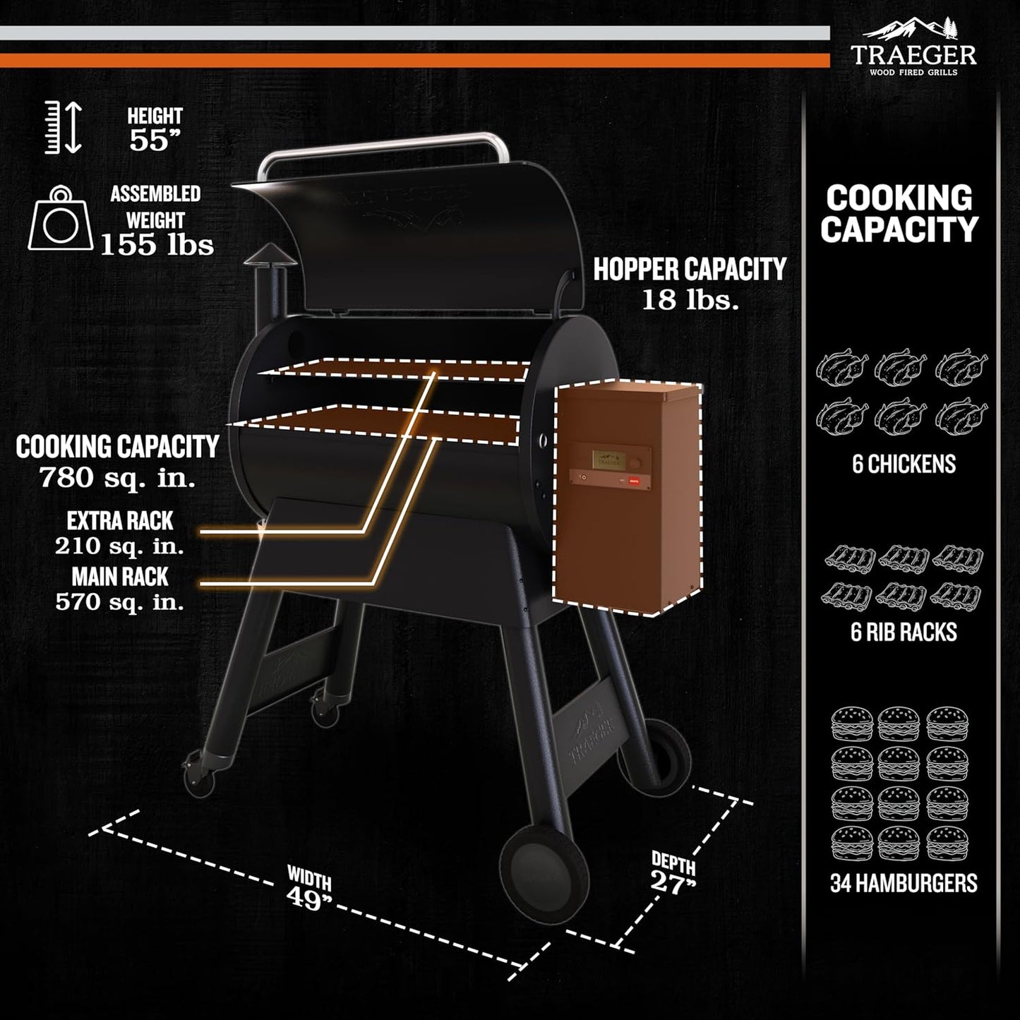 Traeger Grills Pro 780 Wood Pellet Smoker Grill, 6-in-1 BBQ Pellet Grill Combo, WiFi and App-Connected Electric Smoker, 780 Square Inches of Grilling Area, Temperature Control, Black Finish