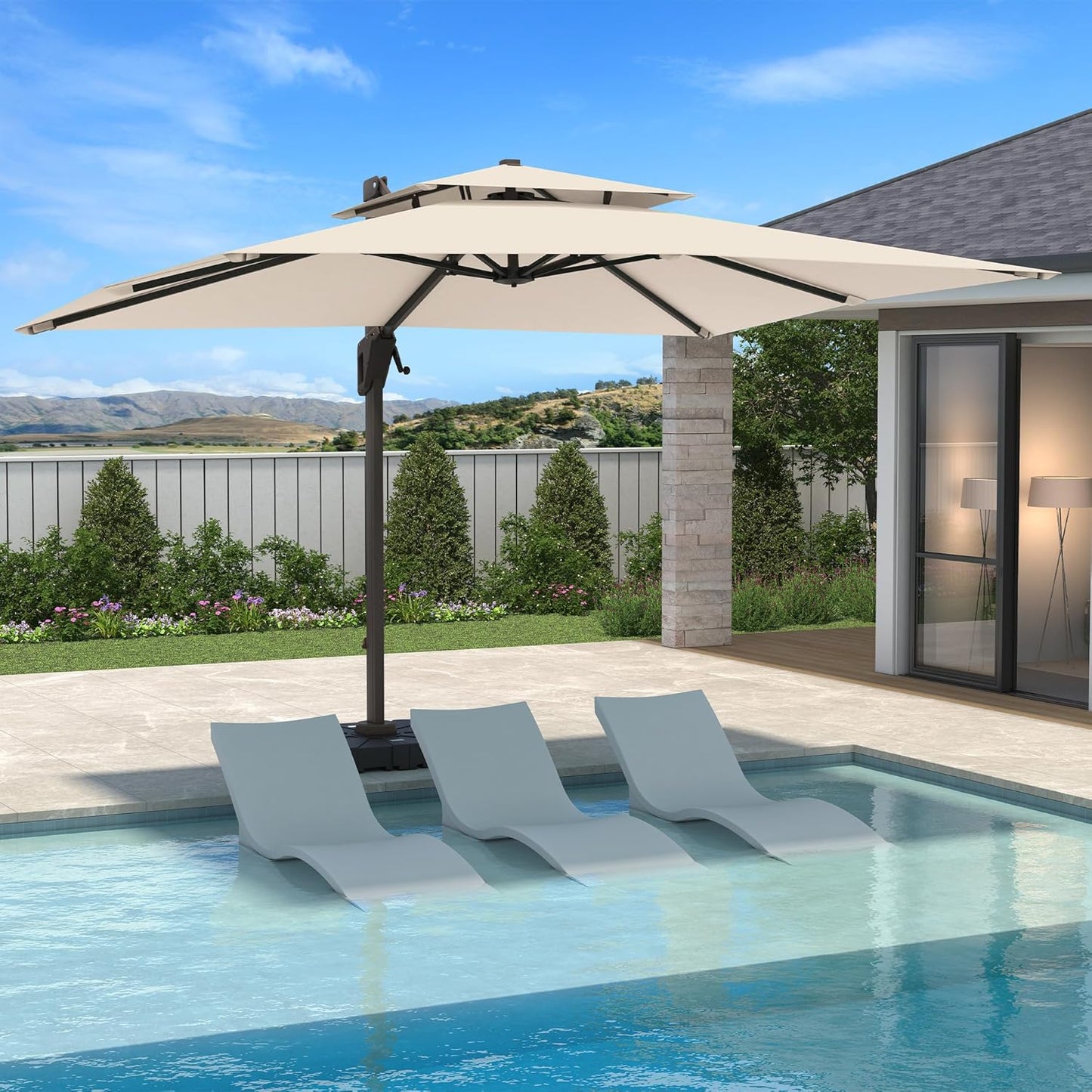 10 X 13 FT Cantilever Patio Umbrella with Base Included Outdoor Heavy Duty Double Top Windproof Rectangle Offset Umbrellas with 360-degree Rotation for Pool Deck Backyard, Beige