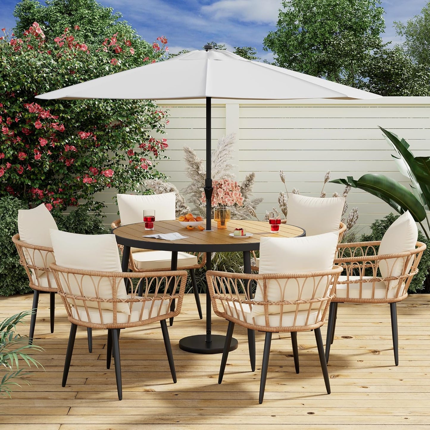 Pamapic 5-Pieces Patio Dining Set with Wood Table Top, All-Weather PE Rattan Patio Furniture Set, Outdoor Dining Furniture with Removable Cushion Chairs & Round Table for Garden Lawn Patio,Cream
