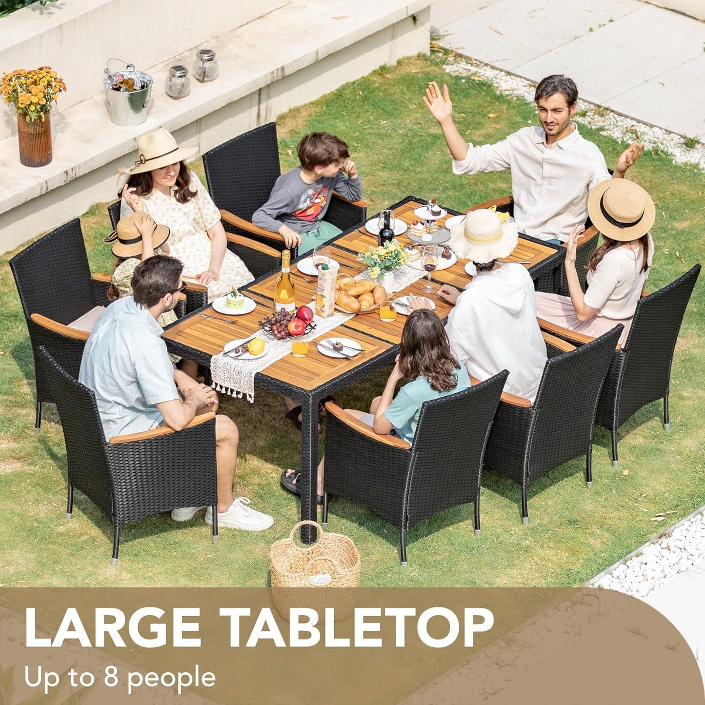 Devoko Outdoor Patio Dining Sets 9 Pieces Wicker Outdoor Dining Table and Chairs Set with Acacia Wood Table Top and Widened Armrests for Backyard, Garden, Deck (Black)