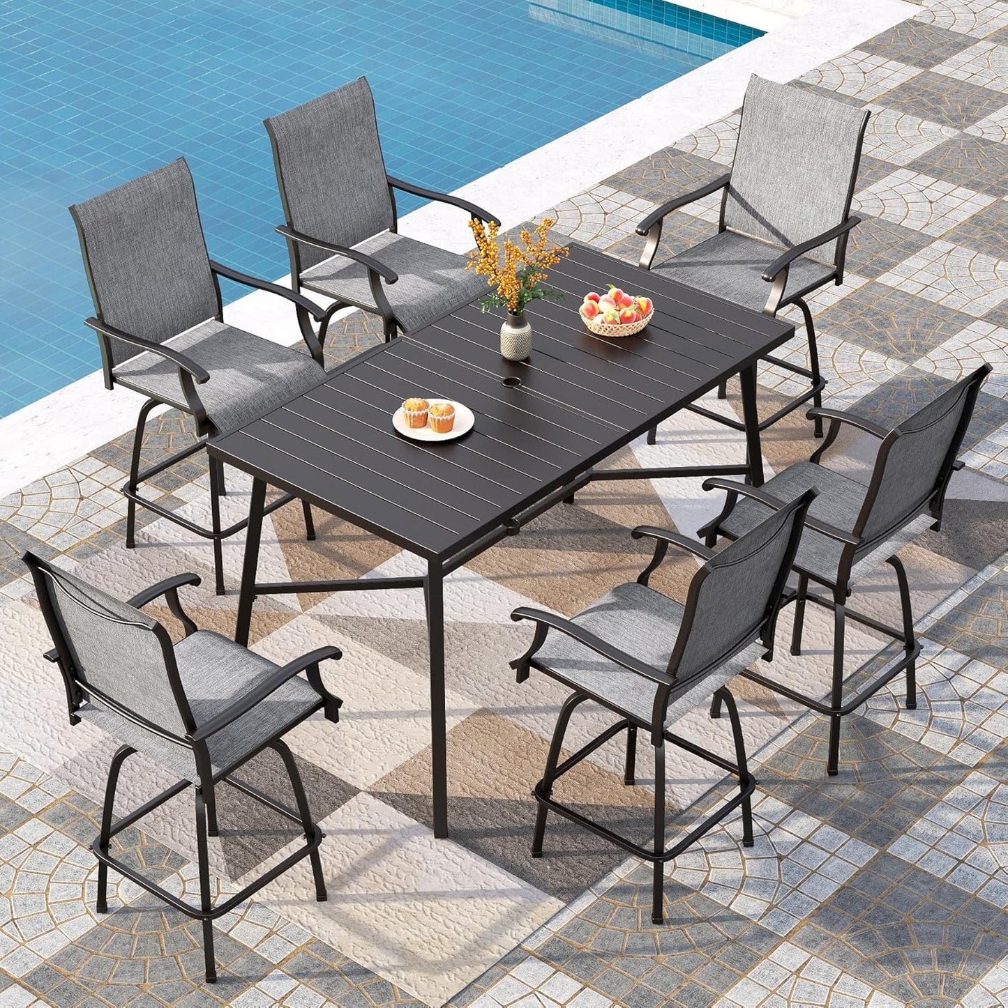 PHI VILLA 7 Piece High Patio Bar Dining Set, Bar Height Outdoor Table and Chairs Patio Furniture Set with 6 Patio Swivel Bar Stools & 40" Table for Garden, Yard and Terrace