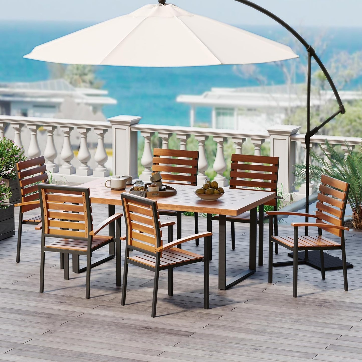 WiberWi 7 Piece Outdoor Dining Set for 6, Acacia Wood 59.1" Patio Table and Chairs Set with Metal Frame, Patio Dining Furniture Set for Garden, Balcony, Backyard, Poolside, Brown & Black