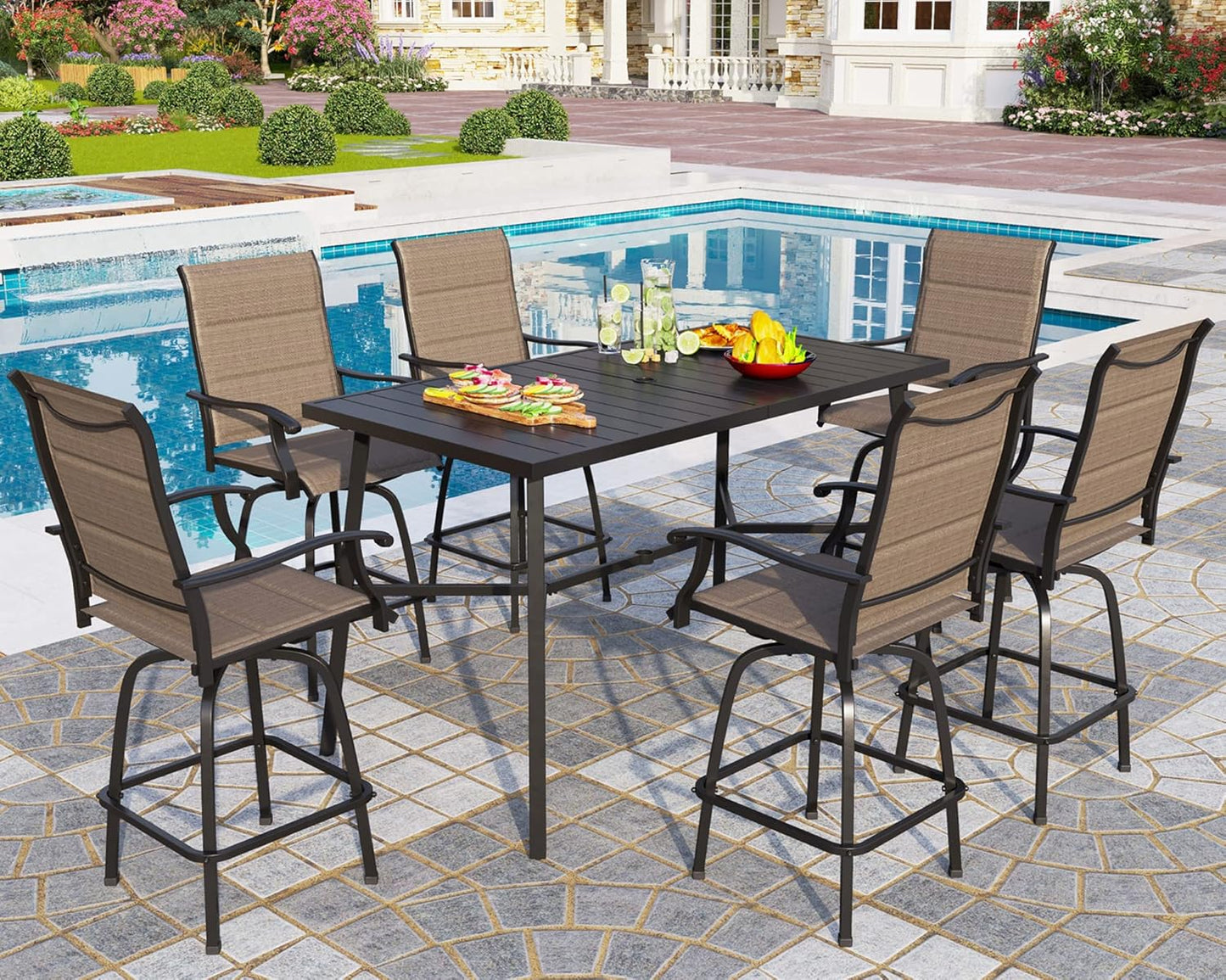 PHI VILLA 7 Piece High Patio Bar Dining Set, Bar Height Outdoor Table and Chairs Patio Furniture Set with 6 Patio Swivel Bar Stools & 40" Table for Garden, Yard and Terrace