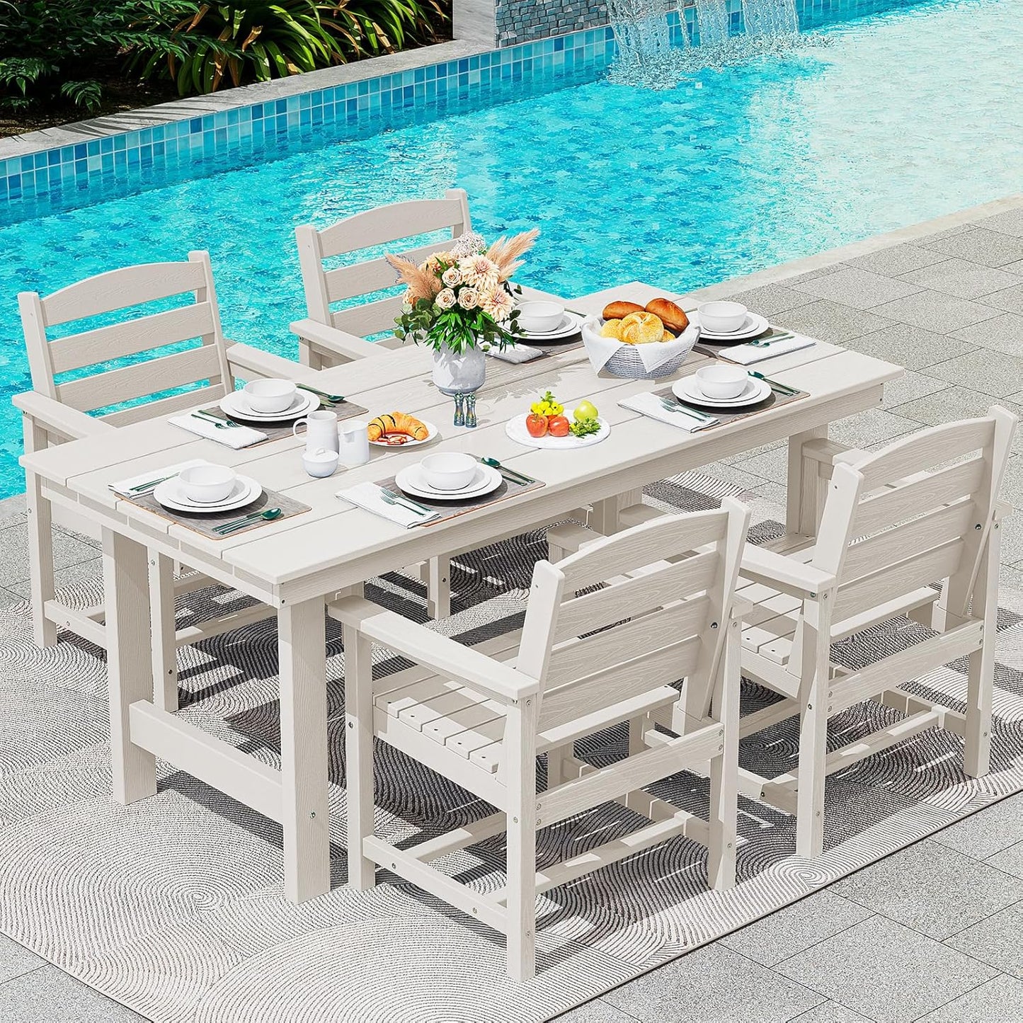SERWALL 7-Piece Patio Dining Table Sets, Outdoor HDPE Dining Furniture Set with Umbrella Hole Cut-Out Table and 6 Chairs, White
