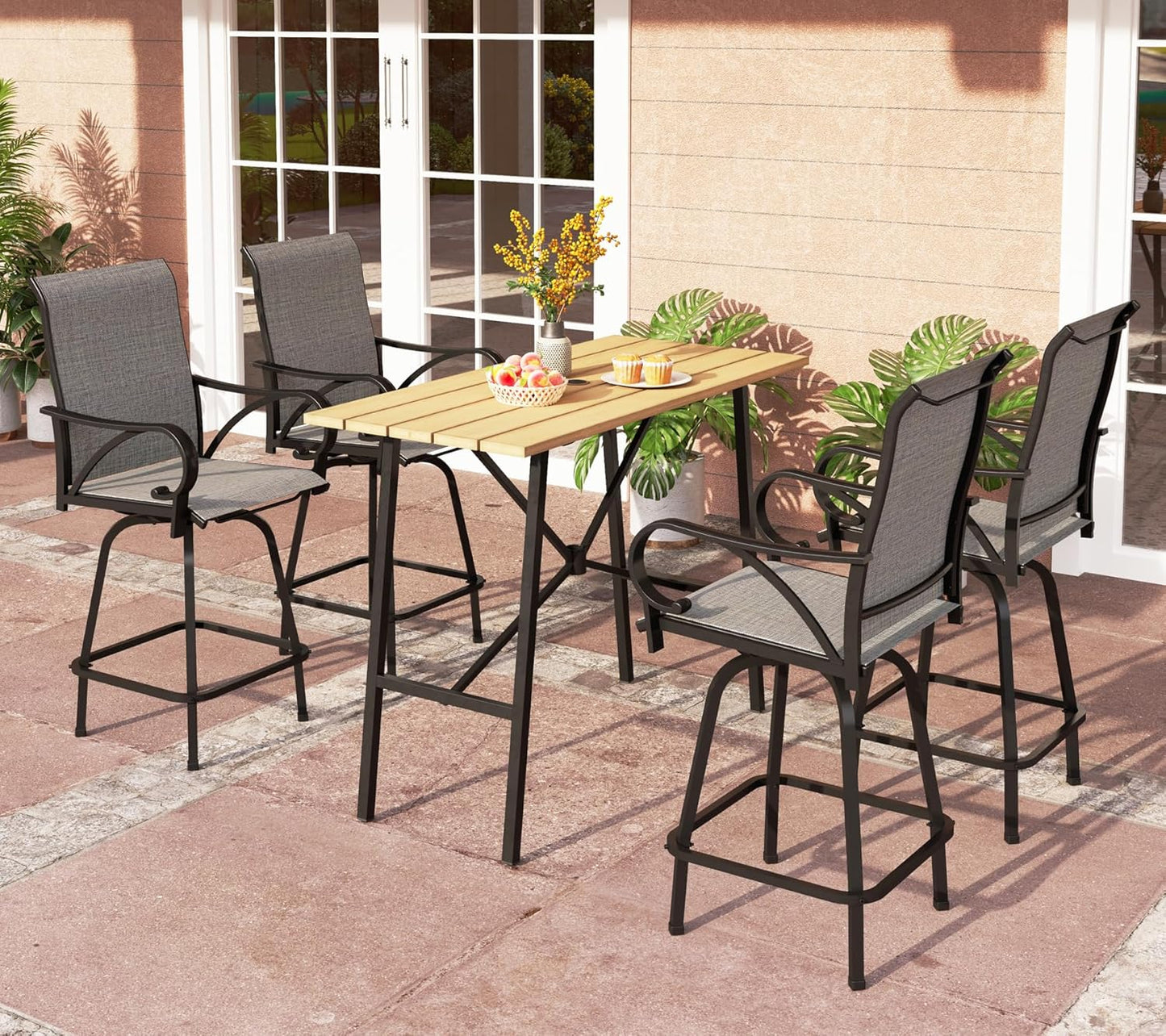 PHI VILLA 7 Piece High Patio Bar Dining Set, Bar Height Outdoor Table and Chairs Patio Furniture Set with 6 Patio Swivel Bar Stools & 40" Table for Garden, Yard and Terrace