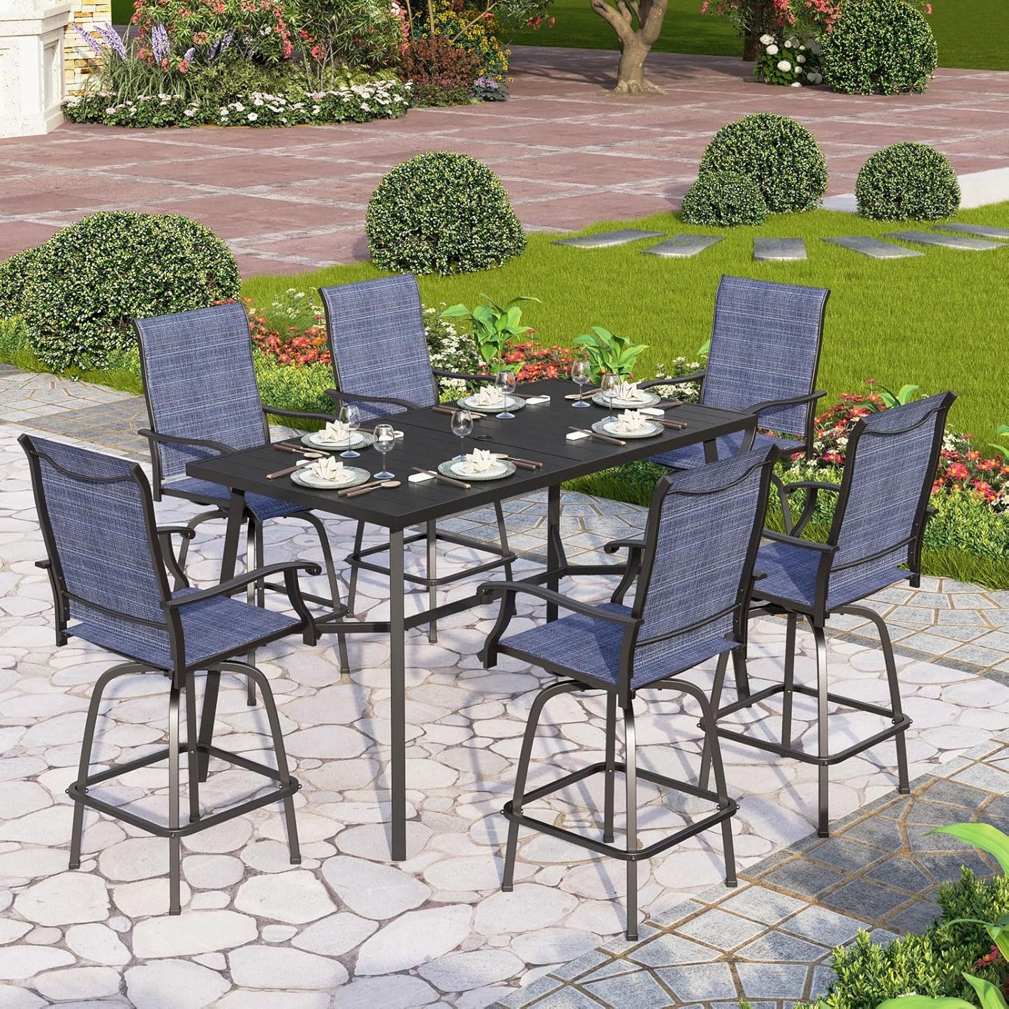 PHI VILLA 7 Piece High Patio Bar Dining Set, Bar Height Outdoor Table and Chairs Patio Furniture Set with 6 Patio Swivel Bar Stools & 40" Table for Garden, Yard and Terrace