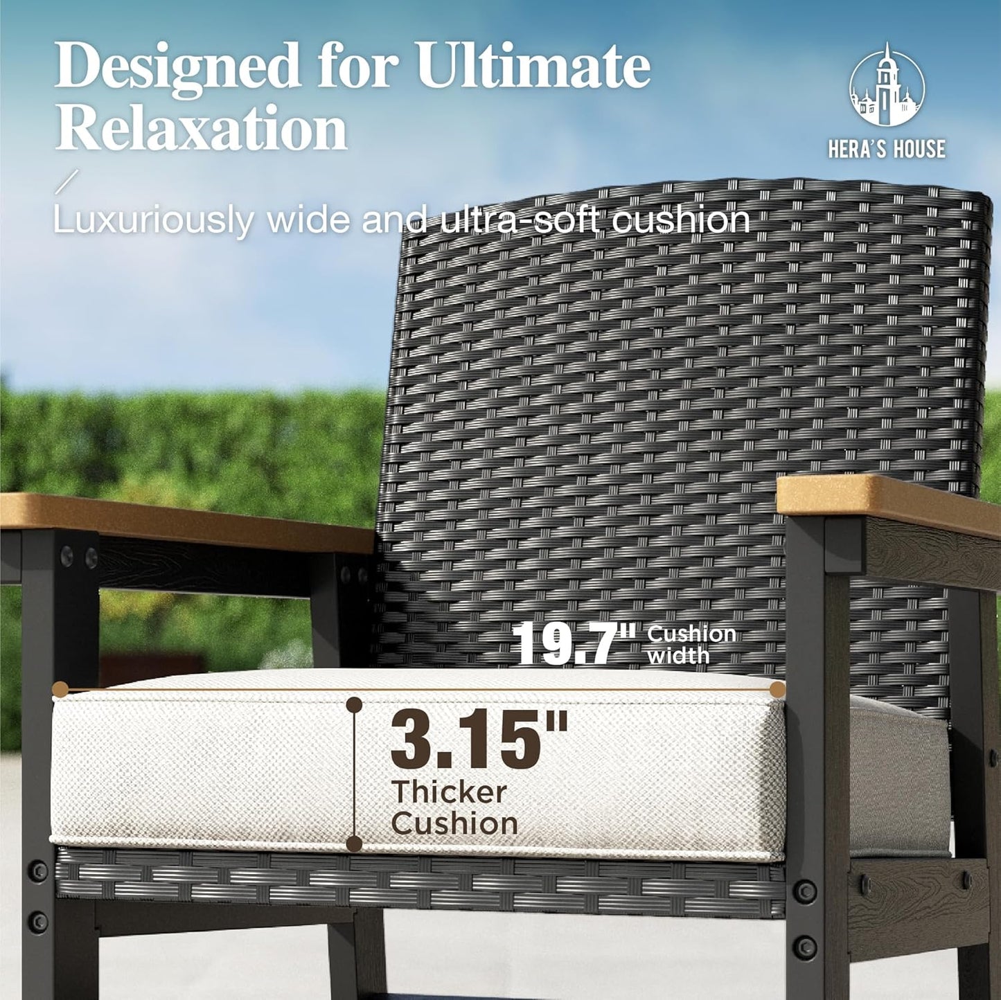 HERA'S HOUSE Patio Table and Chairs Set 7-Piece, HDPE Outdoor Dining Furniture Set with Cushions, All-Weather Wood Grain Table & Wicker Chairs for Backyard, Garden, Deck (Durable & Low Maintenance)