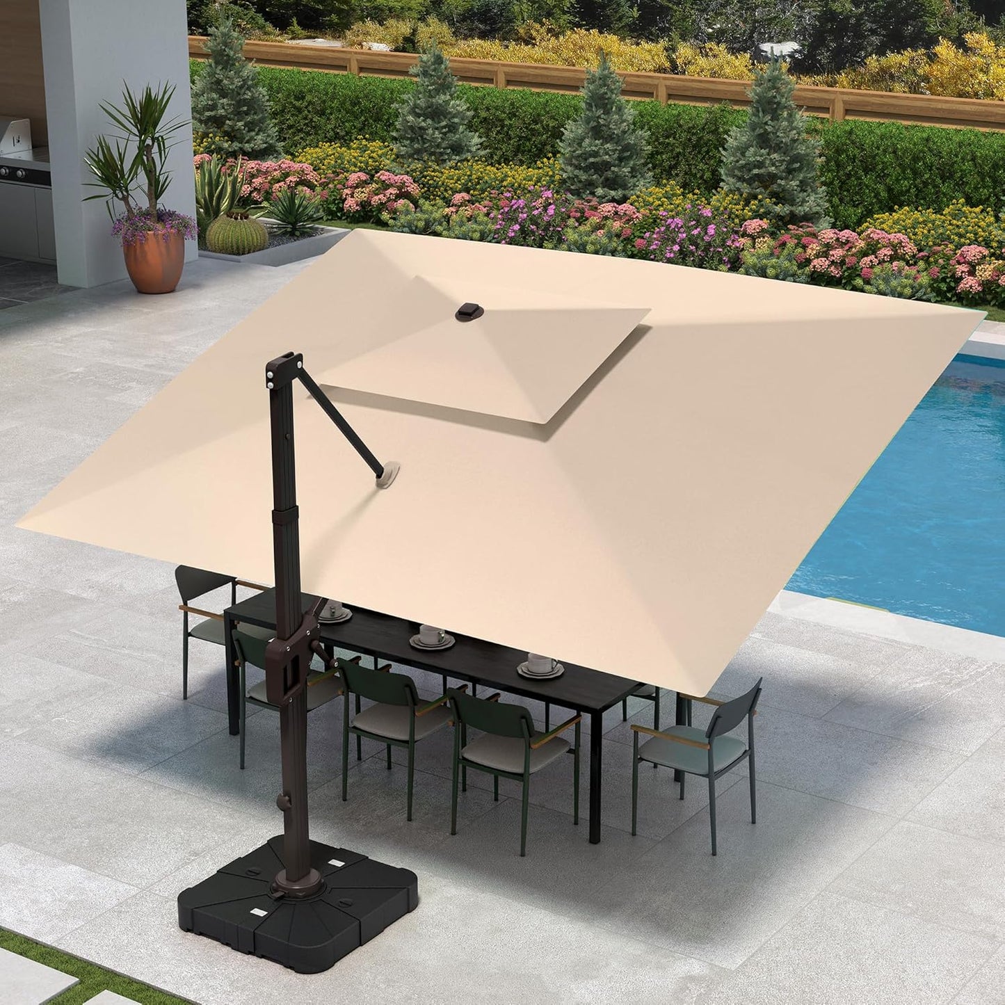 10 X 13 FT Cantilever Patio Umbrella with Base Included Outdoor Heavy Duty Double Top Windproof Rectangle Offset Umbrellas with 360-degree Rotation for Pool Deck Backyard, Beige