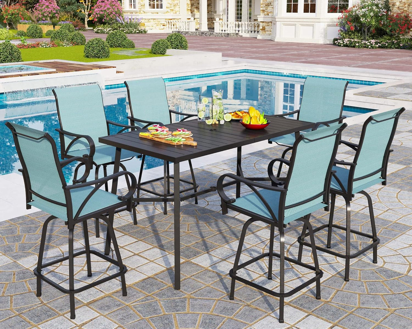 PHI VILLA 7 Piece High Patio Bar Dining Set, Bar Height Outdoor Table and Chairs Patio Furniture Set with 6 Patio Swivel Bar Stools & 40" Table for Garden, Yard and Terrace
