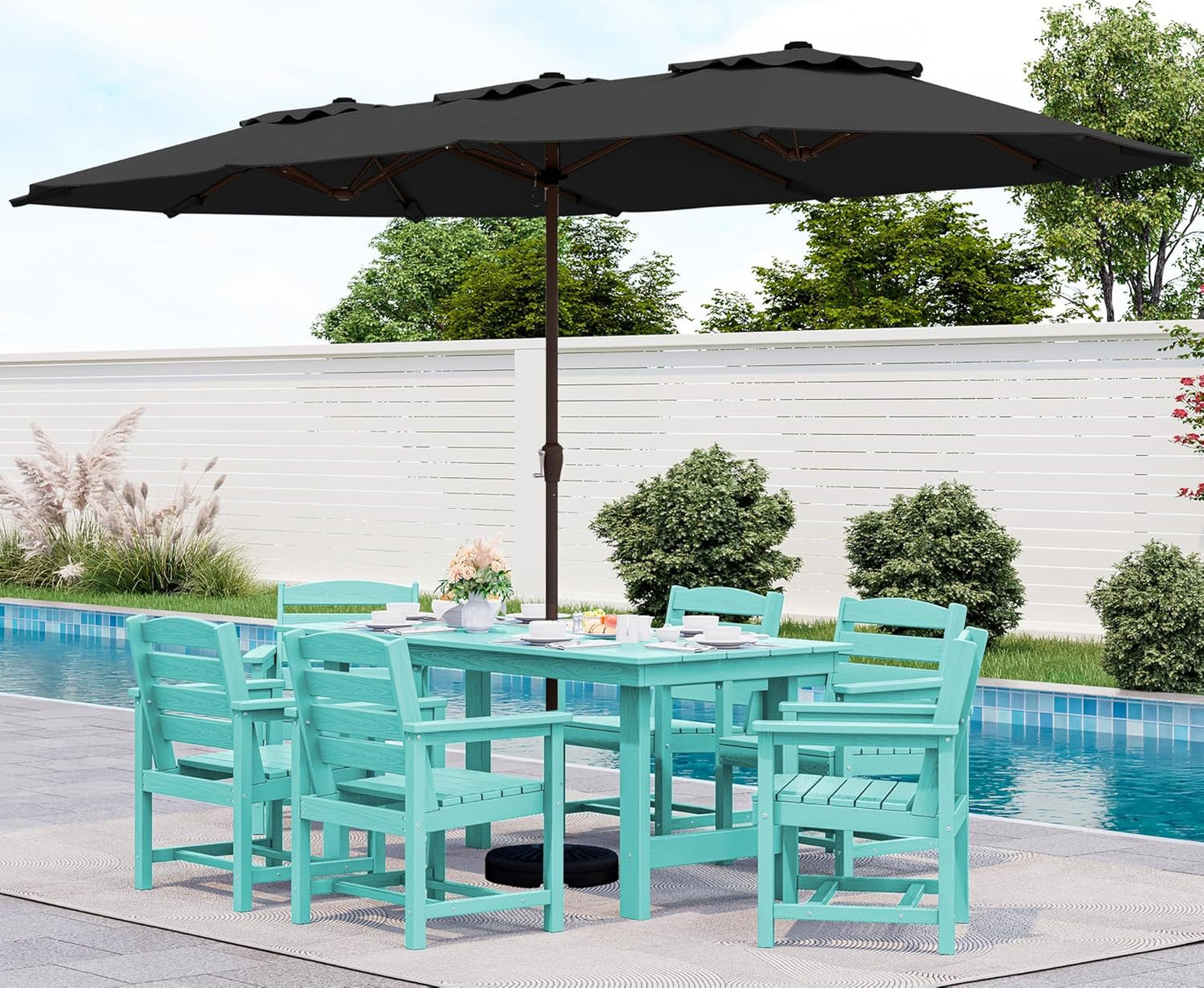 SERWALL 7-Piece Patio Dining Table Sets, Outdoor HDPE Dining Furniture Set with Umbrella Hole Cut-Out Table and 6 Chairs, White