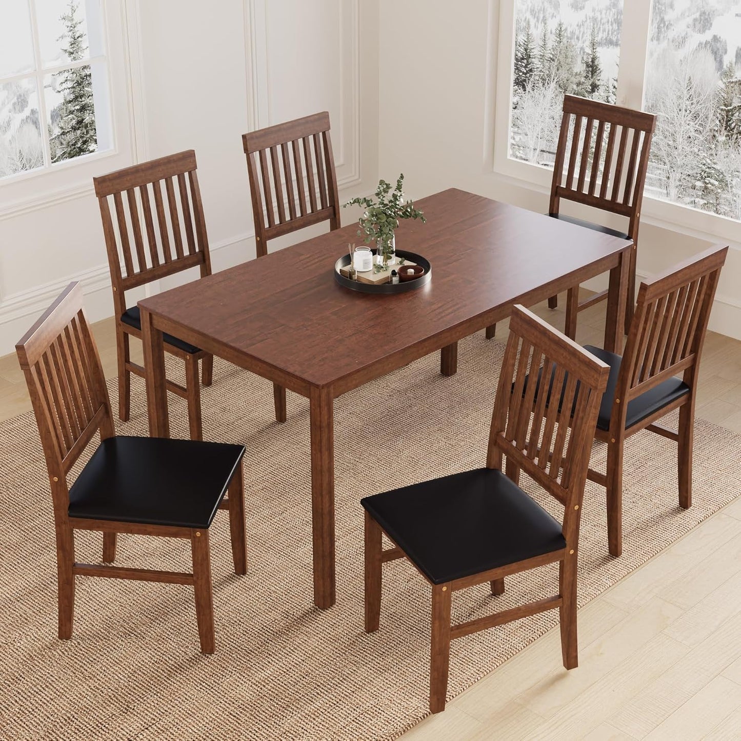 Dining Table Set for 6, Solid Wood Set, Farmhouse Rectangular Kitchen Table and 6 Chairs, 7-Piece Dinette Table Set for Dining Room, Living Room, Home Office, Terrace, Courtyard, Brown