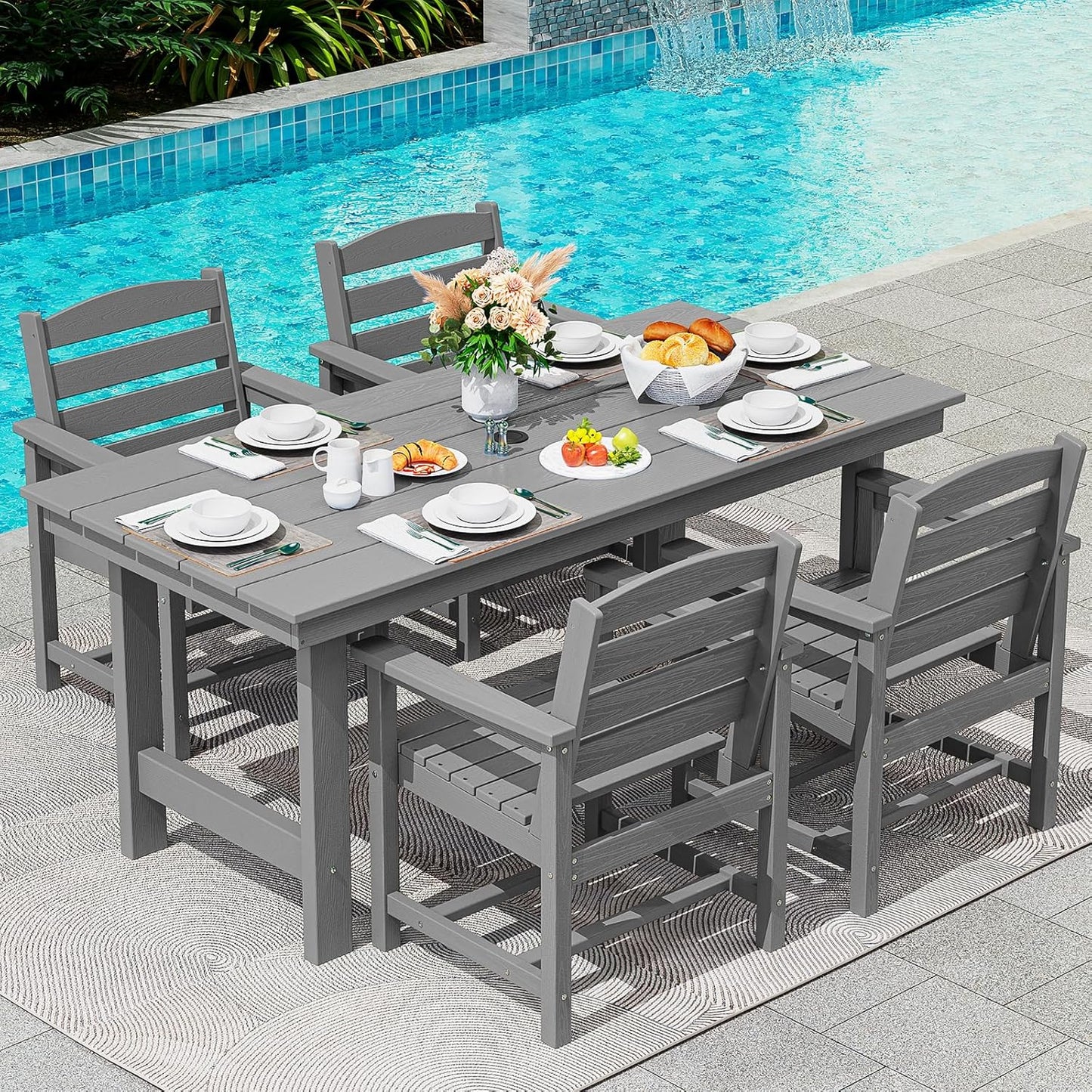 SERWALL 7-Piece Patio Dining Table Sets, Outdoor HDPE Dining Furniture Set with Umbrella Hole Cut-Out Table and 6 Chairs, White