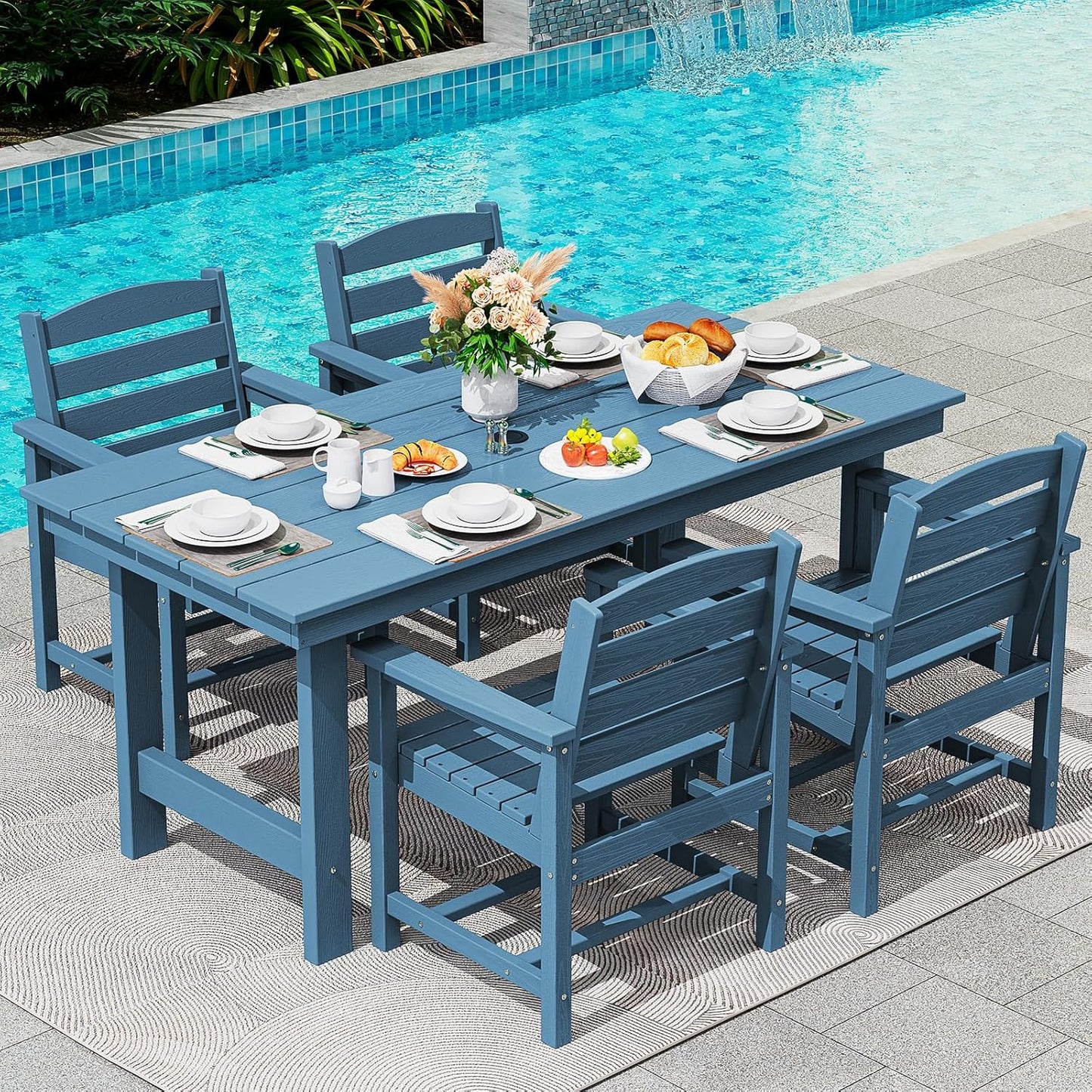SERWALL 7-Piece Patio Dining Table Sets, Outdoor HDPE Dining Furniture Set with Umbrella Hole Cut-Out Table and 6 Chairs, White