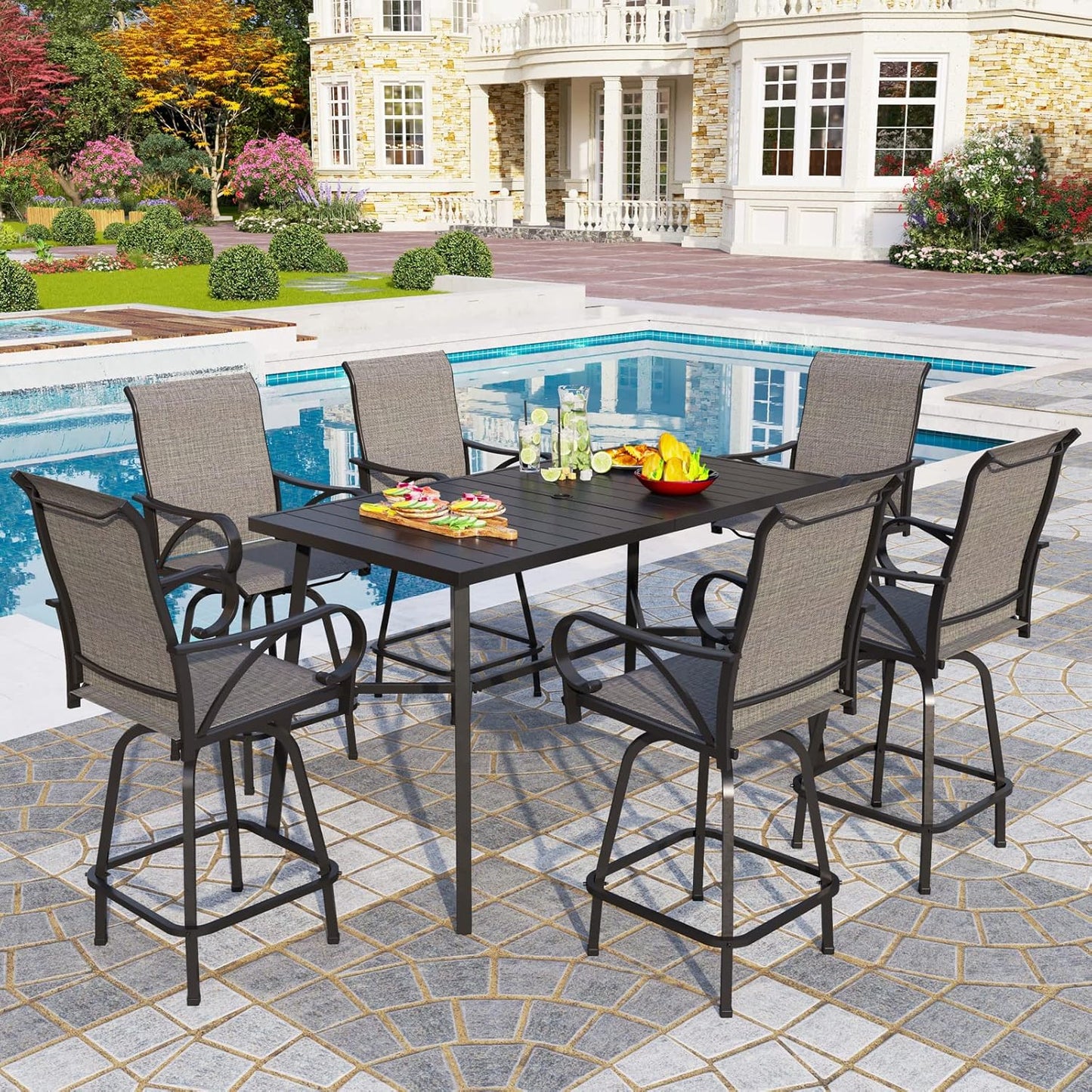 PHI VILLA 7 Piece High Patio Bar Dining Set, Bar Height Outdoor Table and Chairs Patio Furniture Set with 6 Patio Swivel Bar Stools & 40" Table for Garden, Yard and Terrace