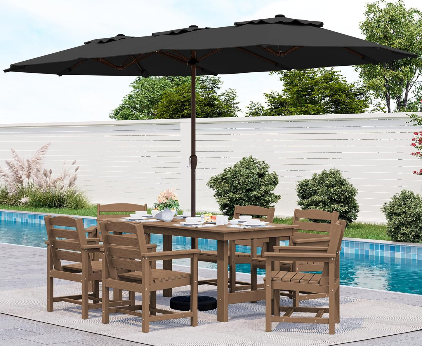 SERWALL 7-Piece Patio Dining Table Sets, Outdoor HDPE Dining Furniture Set with Umbrella Hole Cut-Out Table and 6 Chairs, White
