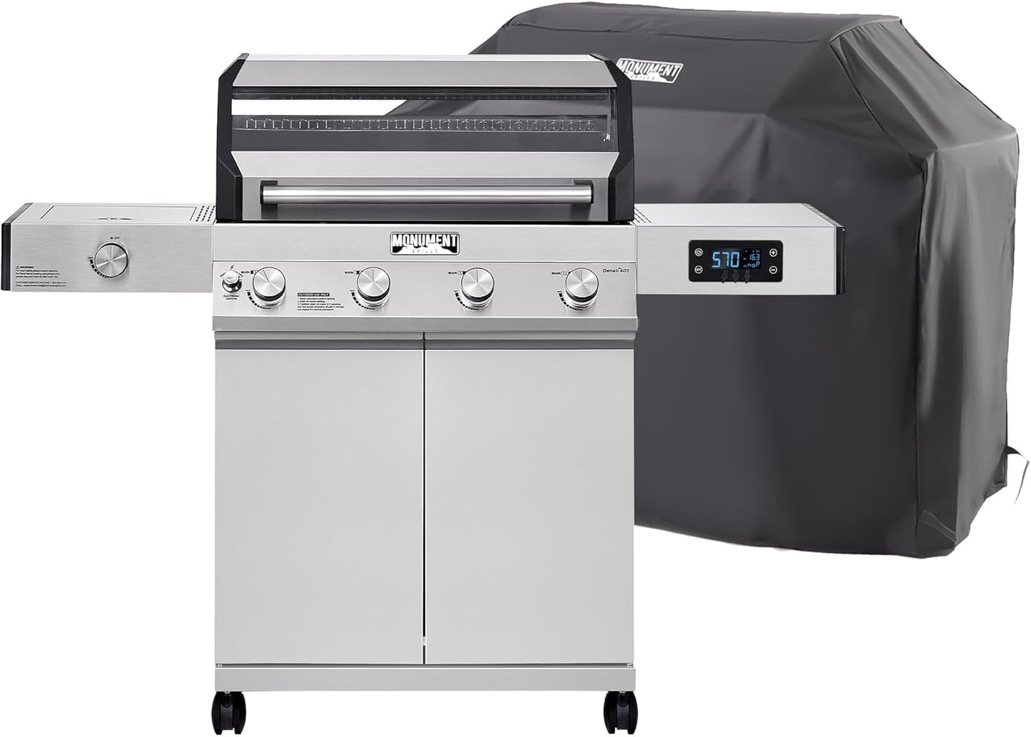 Monument Grills Denali D405 4-Burner Liquid Propane Gas Smart BBQ Grill Stainless Steel with Barbecue Tool Set - Spatula & Tongs (2 items)