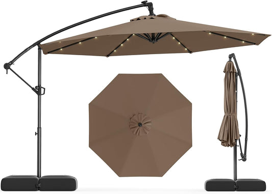 Tangkula 10ft Solar LED Patio Umbrella with Base, Offset Cantilever Outdoor Umbrella with 32 LED Lights, Infinite Tilt, 360 Degree Rotation, Crank Handle for Pool Deck Garden Backyard (Tan)