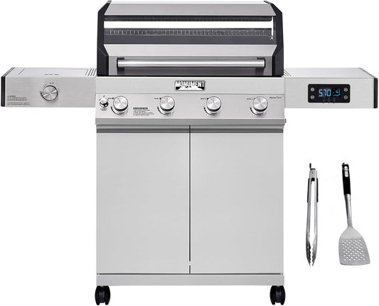Monument Grills Denali D405 4-Burner Liquid Propane Gas Smart BBQ Grill Stainless Steel with Barbecue Tool Set - Spatula & Tongs (2 items)