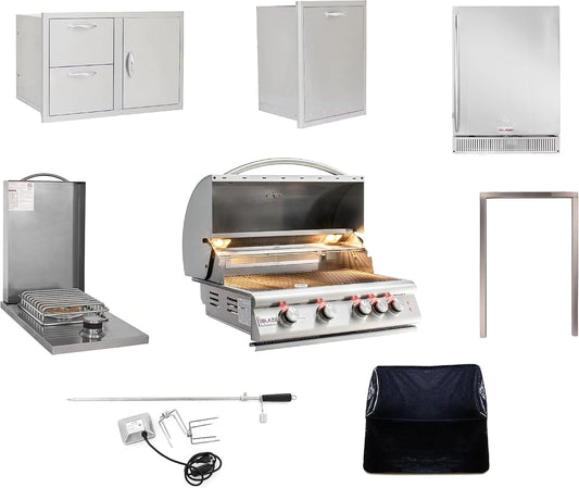 BLAZE BBQ Outdoor Package of 32” LTE Built-in Gas Grill, Gas Dop-In Single Side Burner, 32” Door & Two Drawers Combo, 18” Roll Out Propane Tank/Trash Storage Drawer, 24” Refrigerator, and Accessories