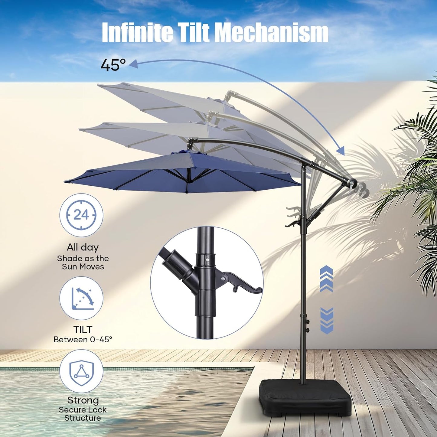 10ft Offset Patio Umbrella with Base Included, Hanging Cantilever Patio Outdoor Market Umbrella UPF50+ UV Protection with Easy Tilt and Crank, 8 Ribs Umbrella for Patio Pool Garden Deck