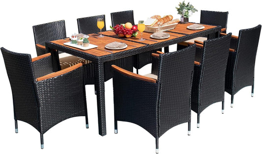 Devoko Outdoor Patio Dining Sets 9 Pieces Wicker Outdoor Dining Table and Chairs Set with Acacia Wood Table Top and Widened Armrests for Backyard, Garden, Deck (Black)
