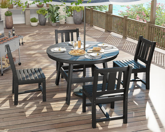 AMERLIFE 5 Piece HDPE Outdoor Dining Tables and Chairs, All-Weather Patio Outdoor Furniture with Umbrella Hole, Round Table for Garden, Backyard, Seaside, Black