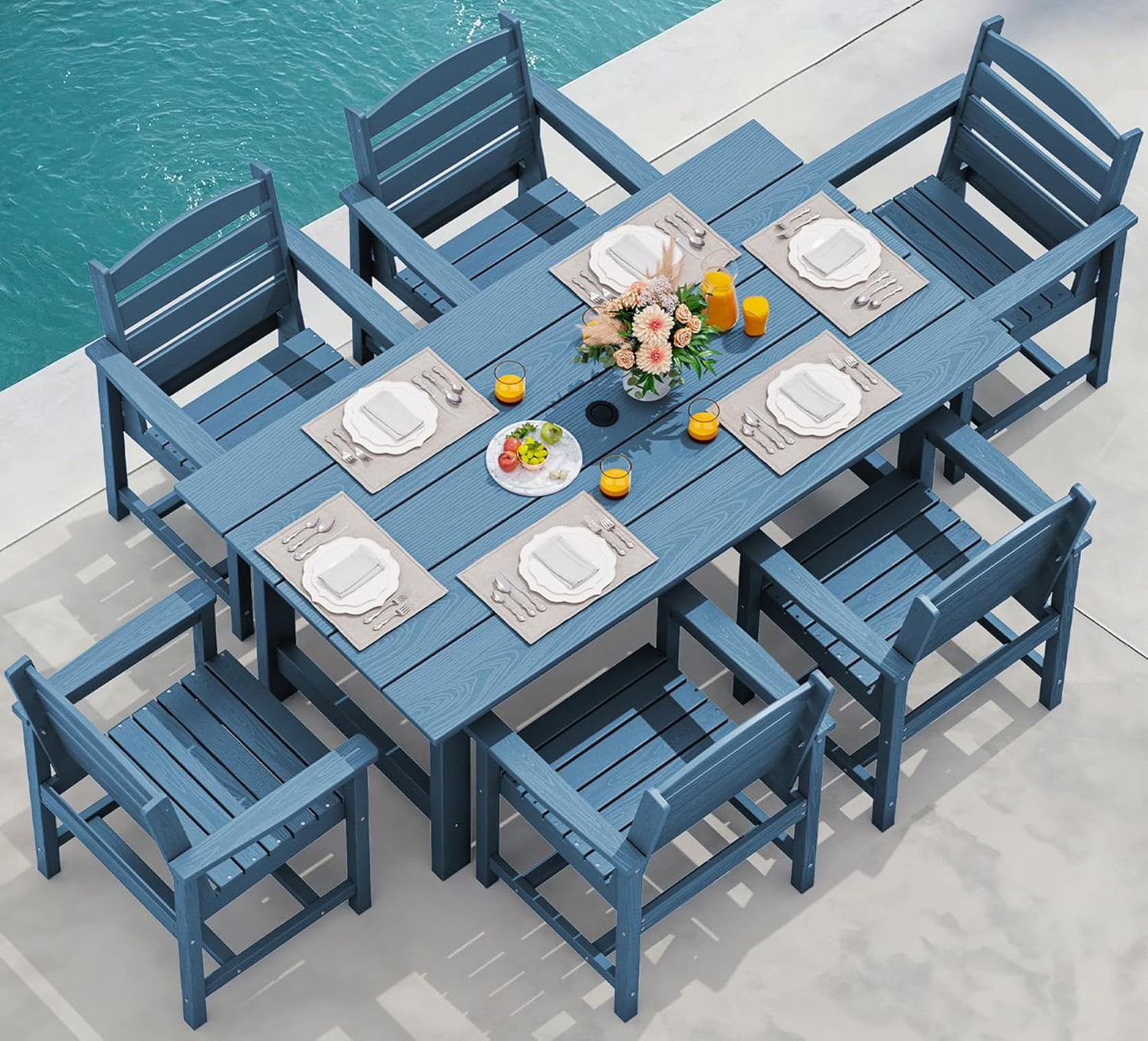 SERWALL 7-Piece Patio Dining Table Sets, Outdoor HDPE Dining Furniture Set with Umbrella Hole Cut-Out Table and 6 Chairs, White