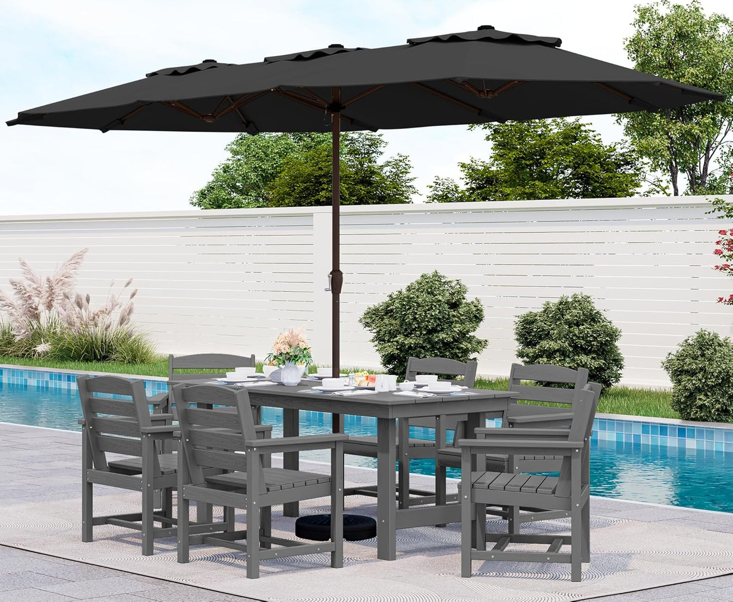 SERWALL 7-Piece Patio Dining Table Sets, Outdoor HDPE Dining Furniture Set with Umbrella Hole Cut-Out Table and 6 Chairs, White