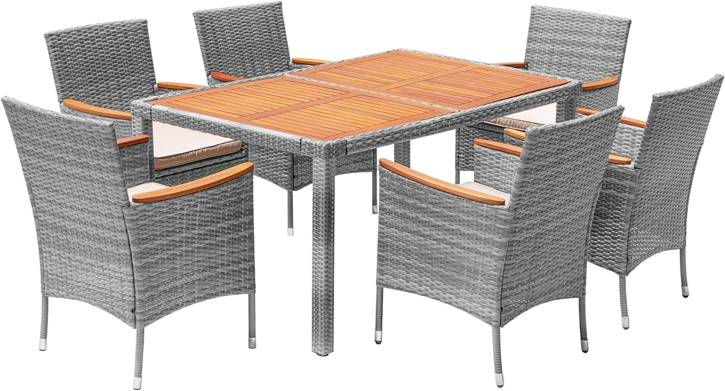 Devoko Outdoor Patio Dining Sets 9 Pieces Wicker Outdoor Dining Table and Chairs Set with Acacia Wood Table Top and Widened Armrests for Backyard, Garden, Deck (Black)