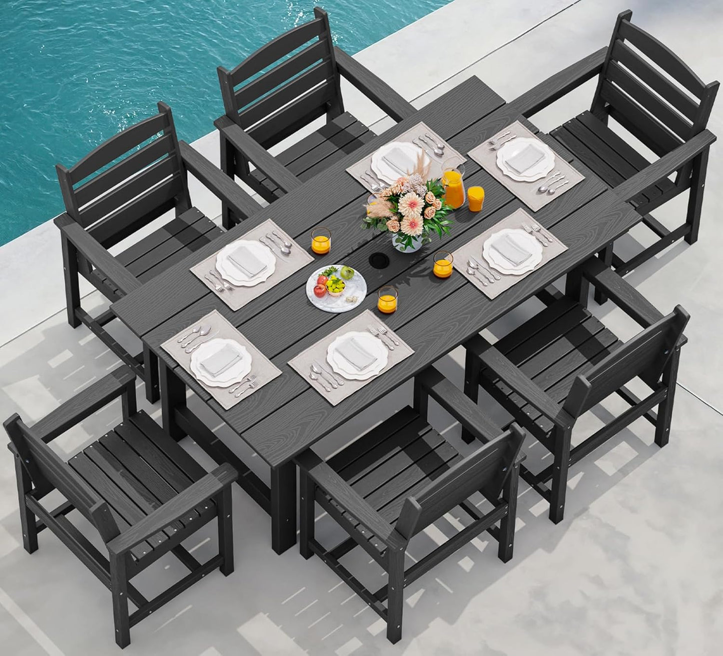 SERWALL 7-Piece Patio Dining Table Sets, Outdoor HDPE Dining Furniture Set with Umbrella Hole Cut-Out Table and 6 Chairs, White