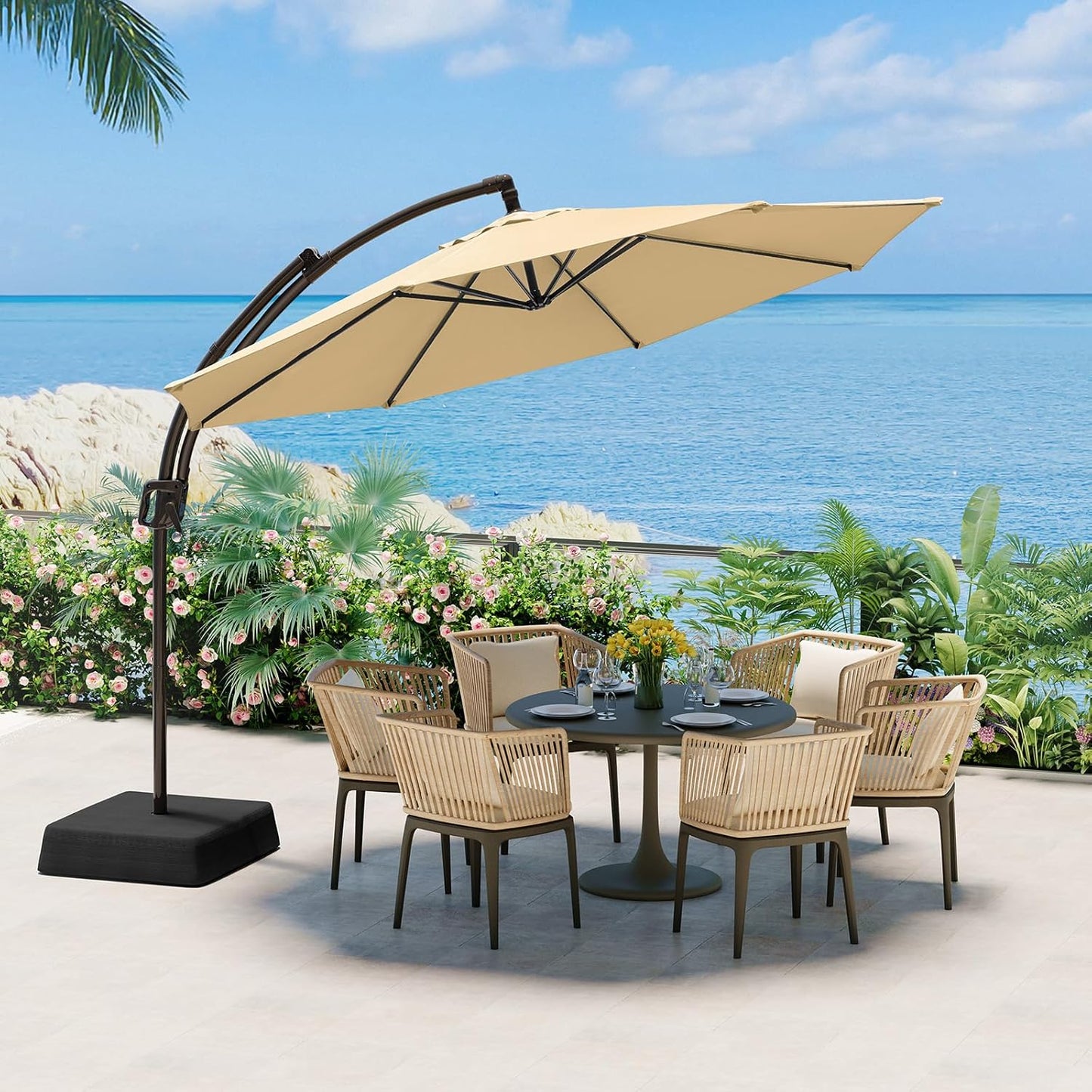 10 FT Cantilever Umbrella with Base Included, Patio Umbrella with Sandbags Base, Sturdy Cantilever Patio Umbrellas, Outdoor Hanging Umbrella for Deck, Pool, Backyard, Garden, 240G/M2, UPF50+