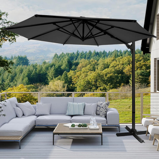 10ft Large Round Cantilever Patio Umbrella with Base Included, Windproof Offset Umbrella with 360°Rotation and 0.07" Thickened Aluminum Pole, Heavy Duty Outdoor Sun Shade for Garden Decks, Patios, Pools