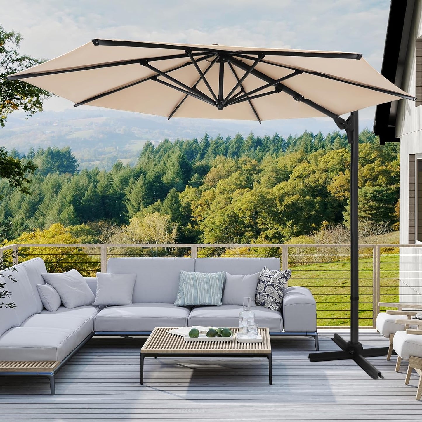 10ft Large Round Cantilever Patio Umbrella with Base Included, Windproof Offset Umbrella with 360°Rotation and 0.07" Thickened Aluminum Pole, Heavy Duty Outdoor Sun Shade for Garden Decks, Patios, Pools