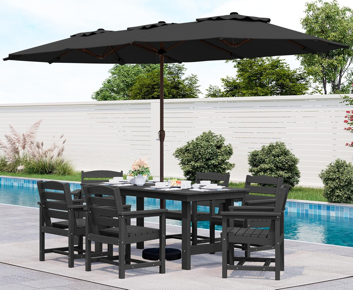 SERWALL 7-Piece Patio Dining Table Sets, Outdoor HDPE Dining Furniture Set with Umbrella Hole Cut-Out Table and 6 Chairs, White