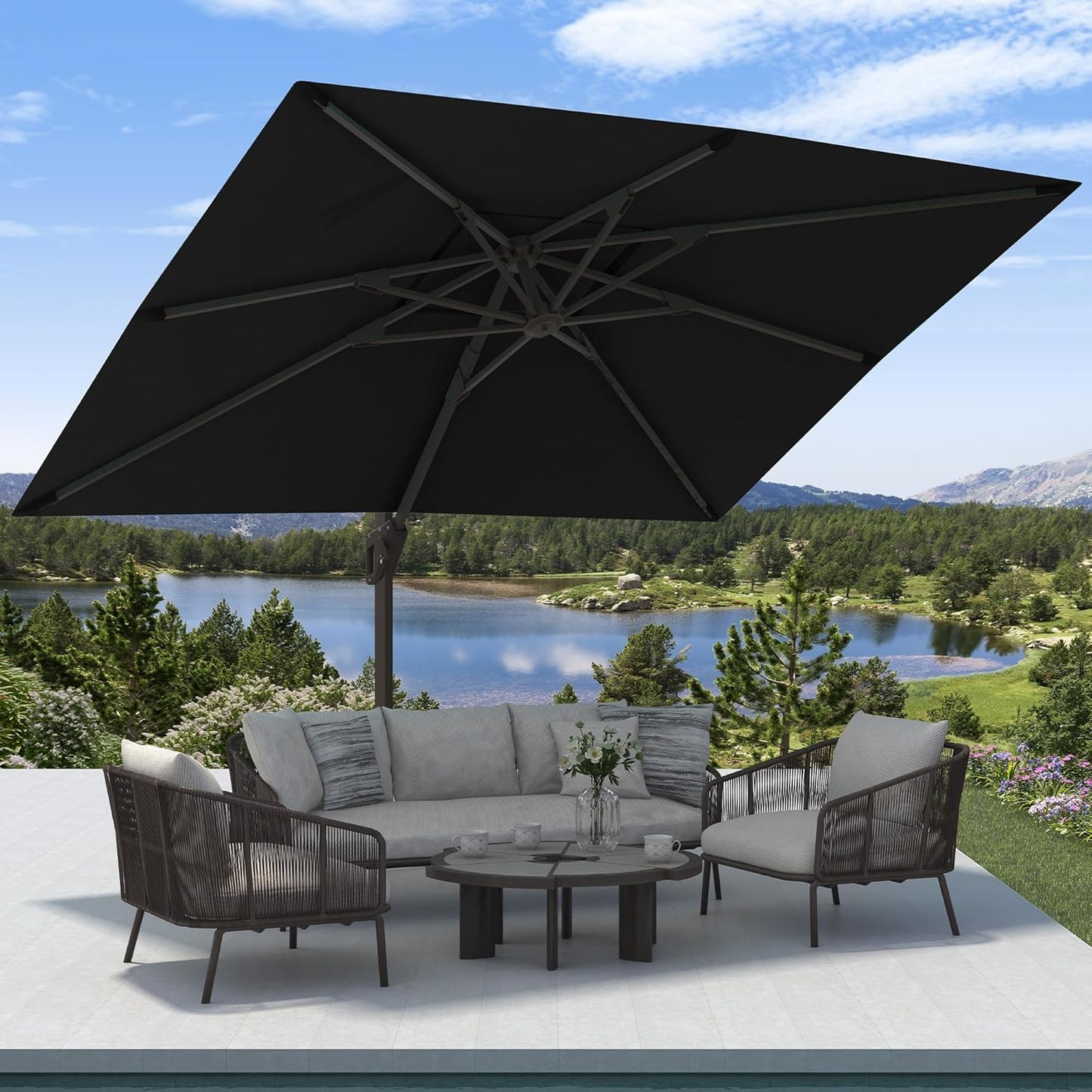 9' X 12' Cantilever Patio Umbrella Rectangular Outdoor Large Offset Umbrellas with 7 Tilts Adjustable 360°Rotation for Deck Pool Garden Backyard, Black