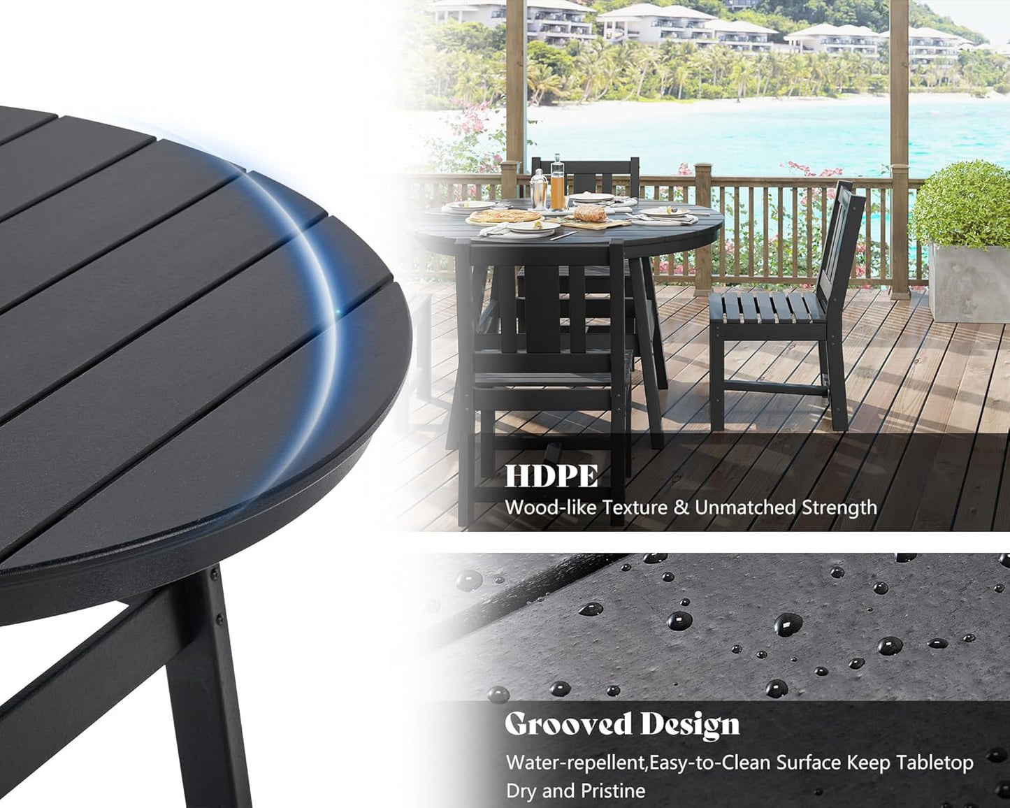 AMERLIFE 5 Piece HDPE Outdoor Dining Tables and Chairs, All-Weather Patio Outdoor Furniture with Umbrella Hole, Round Table for Garden, Backyard, Seaside, Black
