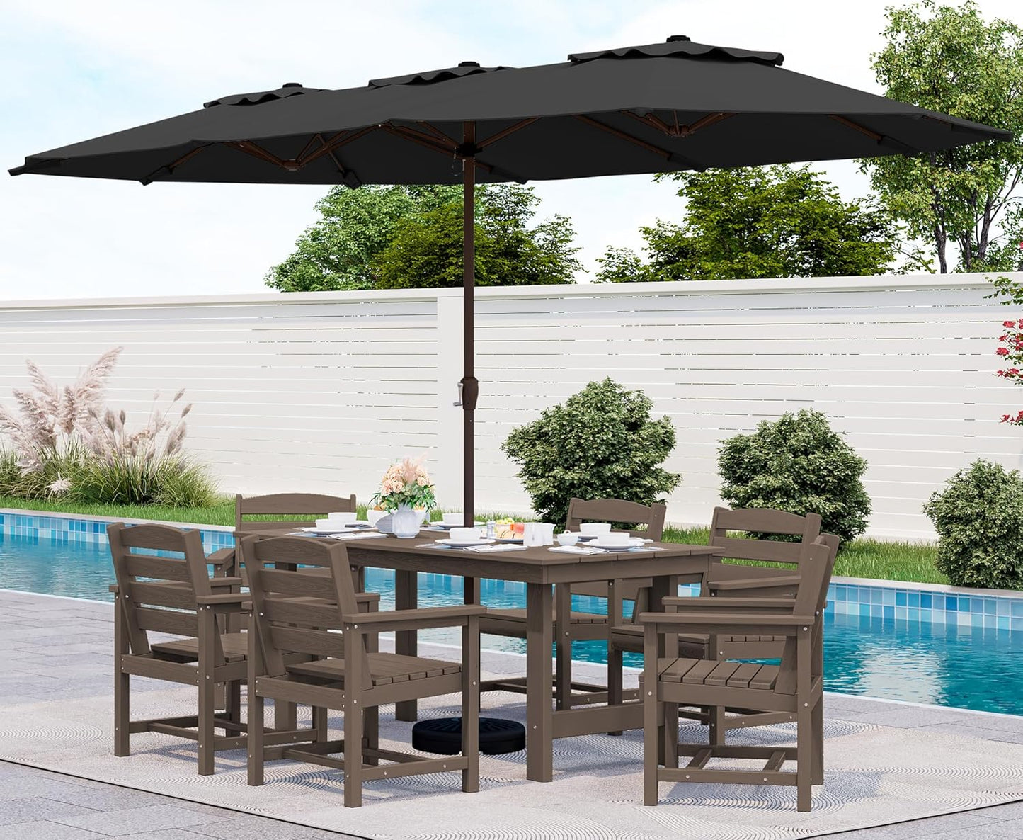 SERWALL 7-Piece Patio Dining Table Sets, Outdoor HDPE Dining Furniture Set with Umbrella Hole Cut-Out Table and 6 Chairs, White