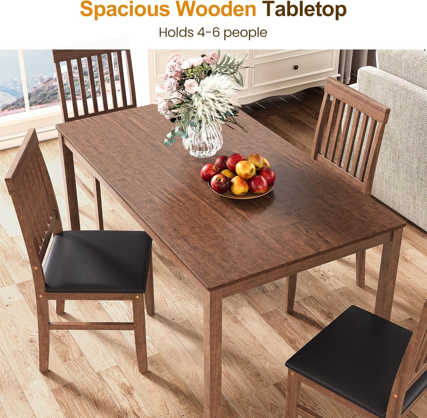 Dining Table Set for 6, Solid Wood Set, Farmhouse Rectangular Kitchen Table and 6 Chairs, 7-Piece Dinette Table Set for Dining Room, Living Room, Home Office, Terrace, Courtyard, Brown