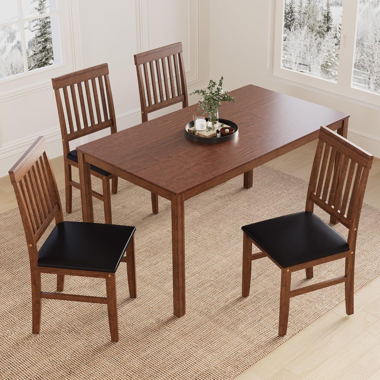 Dining Table Set for 6, Solid Wood Set, Farmhouse Rectangular Kitchen Table and 6 Chairs, 7-Piece Dinette Table Set for Dining Room, Living Room, Home Office, Terrace, Courtyard, Brown