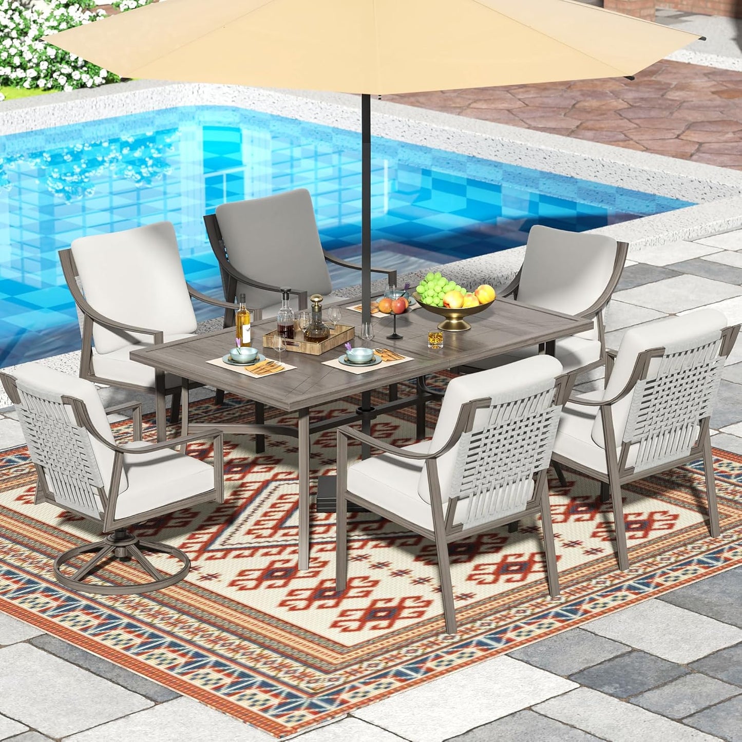 NATURAL EXPRESSIONS 5-Piece Outdoor Patio Dining Set, 4pcs Patio Swivel Rocking Chairs and 38’’ Round Dining Table with 1.65’’ Umbrella Hole