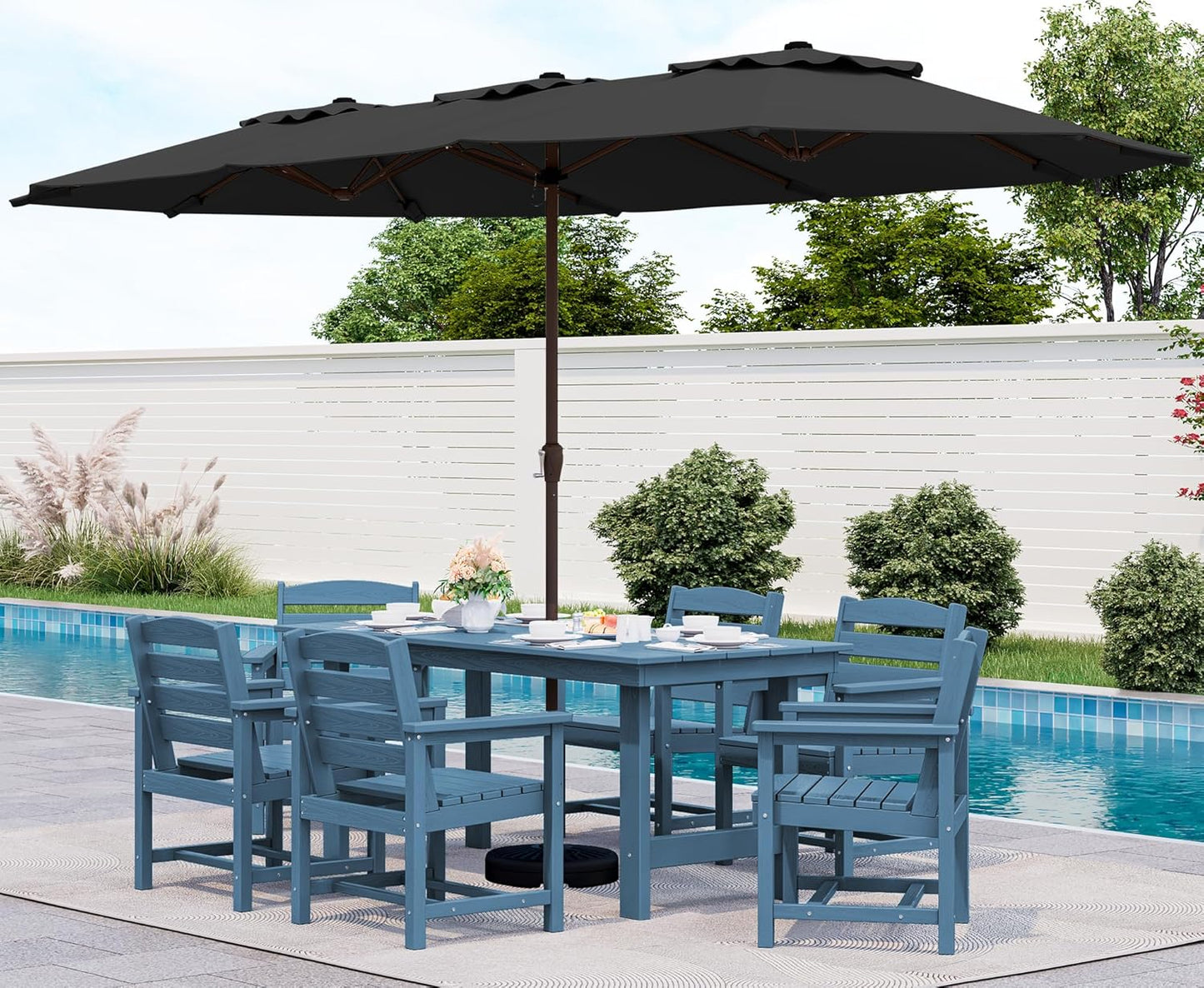 SERWALL 7-Piece Patio Dining Table Sets, Outdoor HDPE Dining Furniture Set with Umbrella Hole Cut-Out Table and 6 Chairs, White