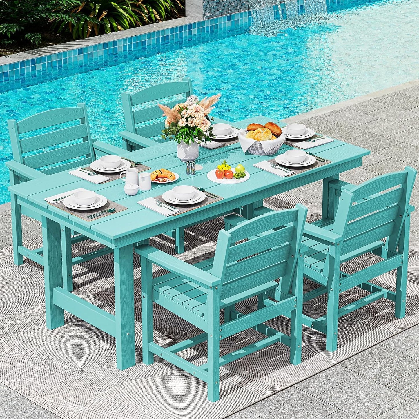 SERWALL 7-Piece Patio Dining Table Sets, Outdoor HDPE Dining Furniture Set with Umbrella Hole Cut-Out Table and 6 Chairs, White