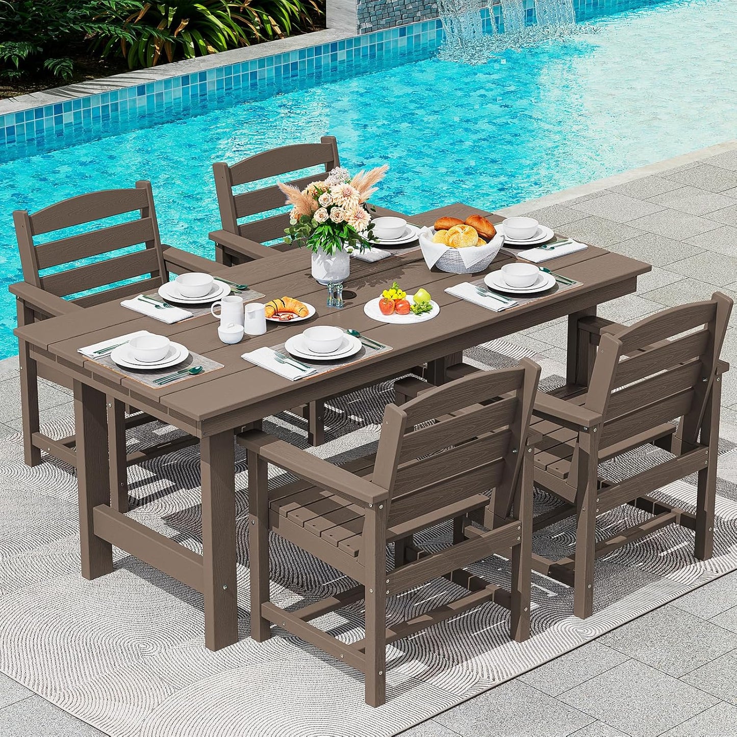 SERWALL 7-Piece Patio Dining Table Sets, Outdoor HDPE Dining Furniture Set with Umbrella Hole Cut-Out Table and 6 Chairs, White